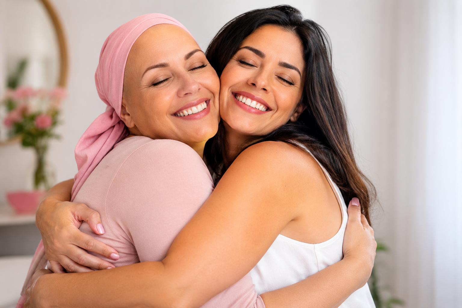 Duas mulheres se abraçando em um momento de carinho e autoestima